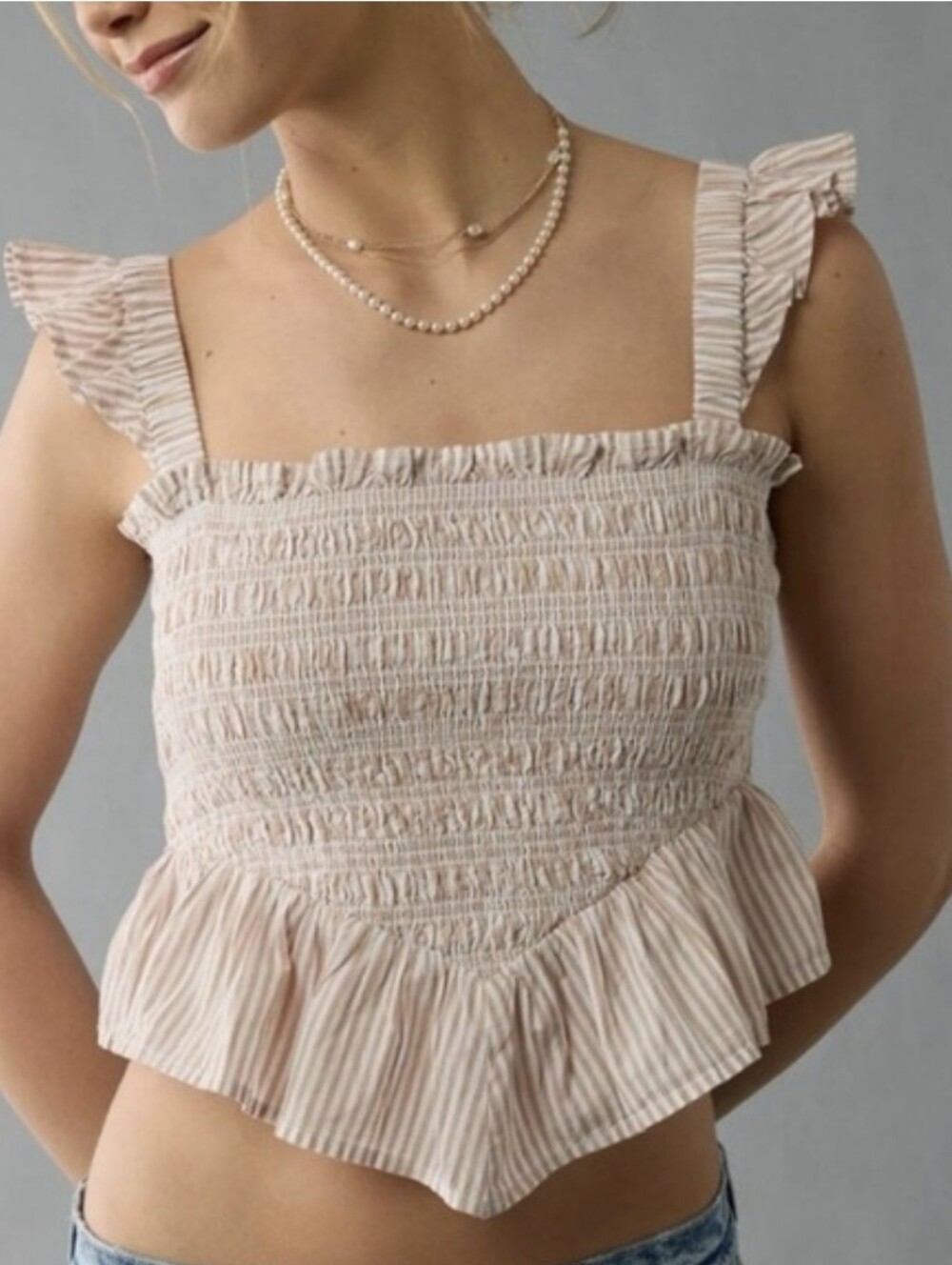 American Eagle Bella Smocked Striped Peplum Crop Top Size Large EUC